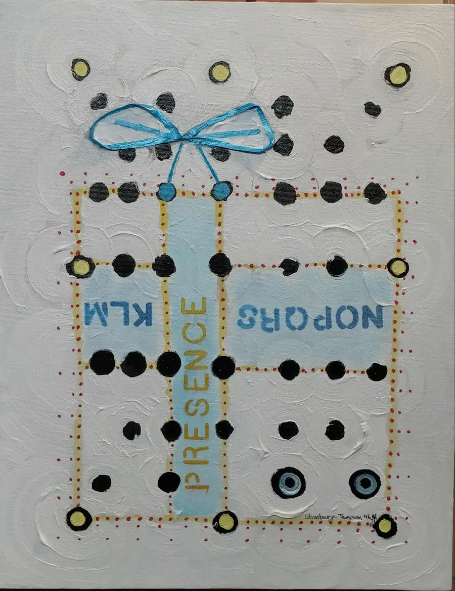 Presence (2016) by HB Barry Strasbourg-Thompson. Acrylic & ribbon on Canvas.