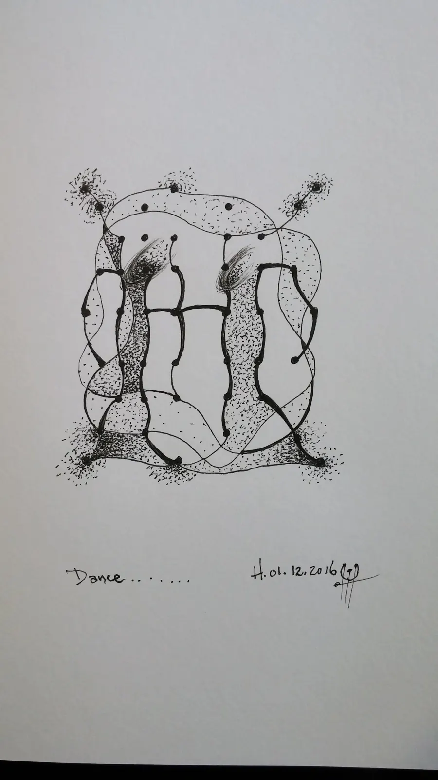 Dance (2016) by HB Barry Strasbourg-Thompson. pigma ink on h/j a/f paper 10" x 8".