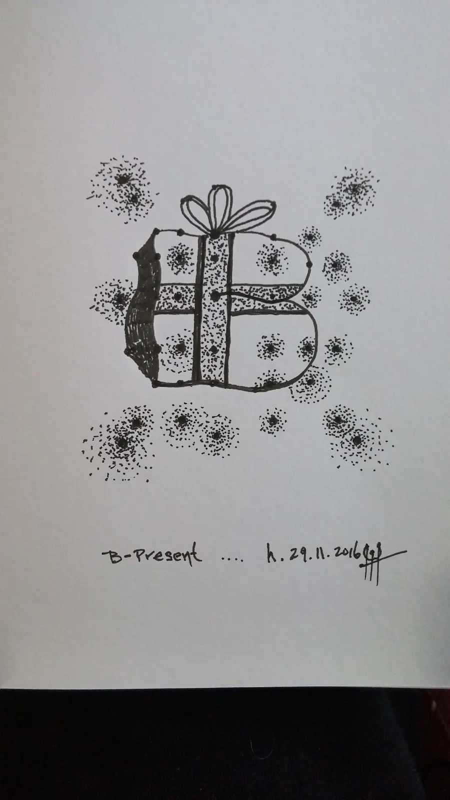 B-present (2016) by HB Barry Strasbourg-Thompson. pigma ink on h/j a/f paper 10" x 8".