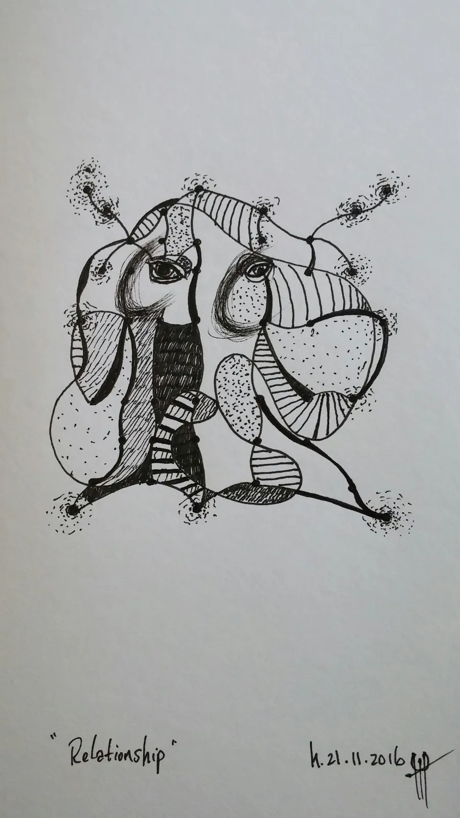 Relationship (2016) by HB Barry Strasbourg-Thompson. pigma ink on h/j a/f paper 10" x 8".