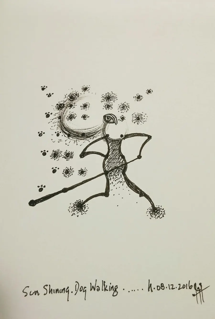 Sun shining..dog walking (2016) by HB Barry Strasbourg-Thompson. Pigma Ink & Archival pigment pen on H/J A/F paper.