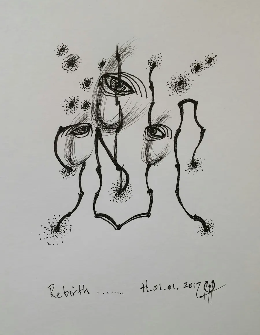 Rebirth (2017) by HB Barry Strasbourg-Thompson. Pigma Ink & Archival pigment pen on H/J A/F paper.