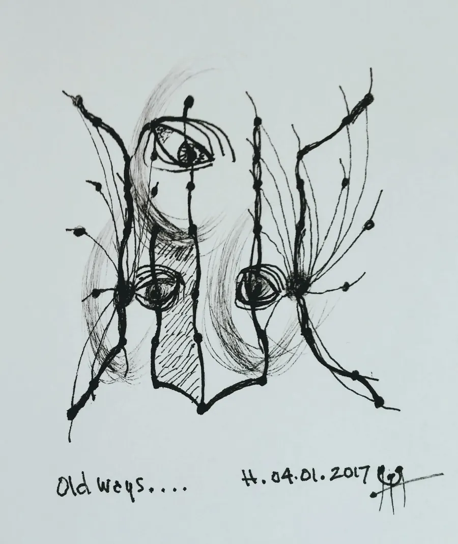 Old ways (2017) by HB Barry Strasbourg-Thompson. Pigma Ink & Archival pigment pen on H/J A/F paper.