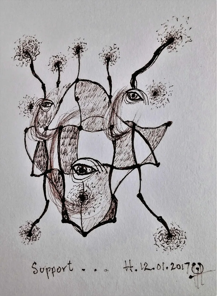 Support by HB Barry Strasbourg-Thompson. Pigma Ink & Archival Acrylic pen on H/J A/F paper.