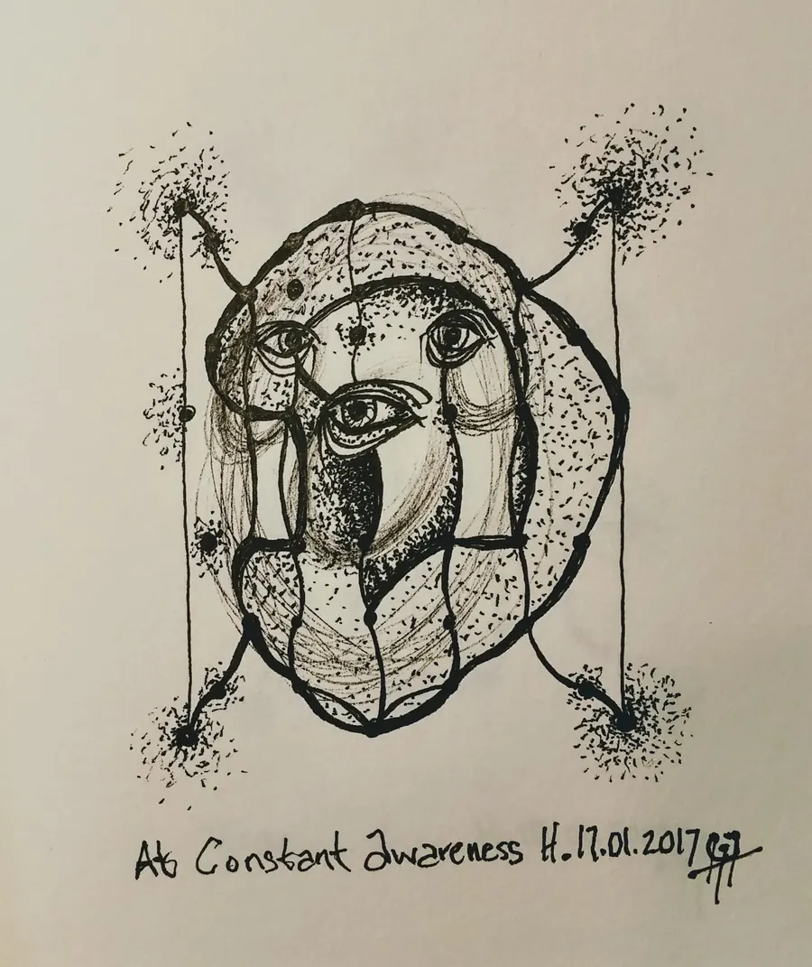At Constant Awareness (2017) by HB Barry Strasbourg-Thompson. Pigma Ink & Archival pigment pen on H/J A/F paper.