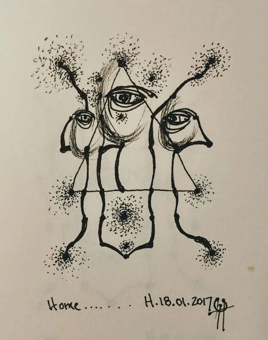 Home (2017) by HB Barry Strasbourg-Thompson. Pigma Ink & Archival pigment pen on H/J A/F paper.