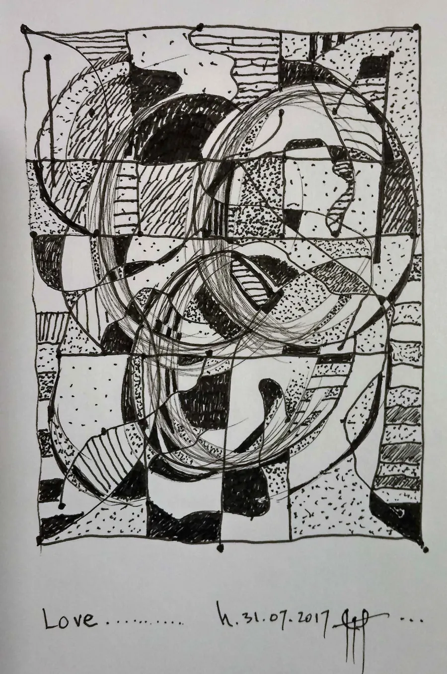Love (2017) by HB Barry Strasbourg-Thompson. Pigma Ink & Archival Acrylic pen on H/J A/F paper.