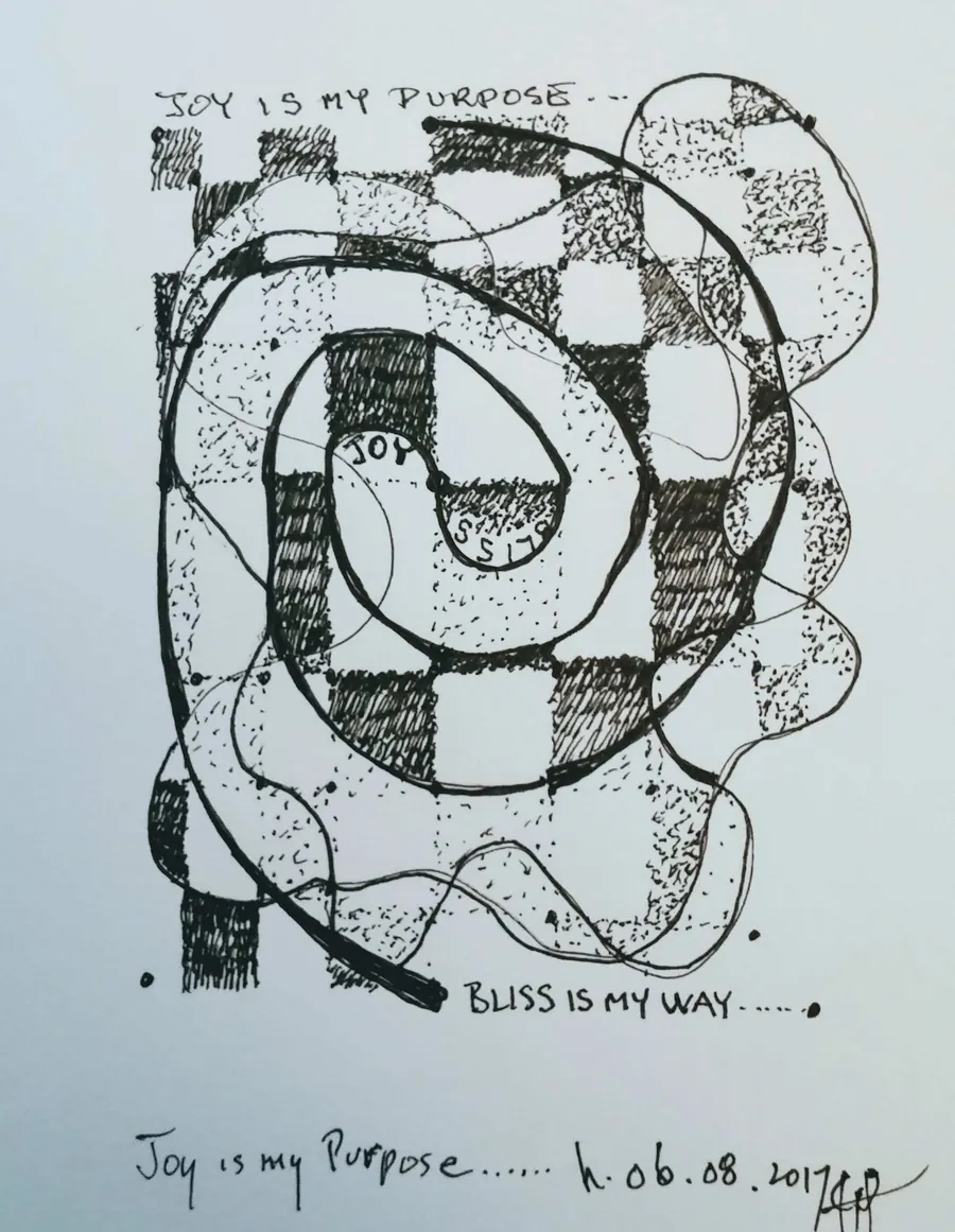 Joy is my purpose (2017) by HB Barry Strasbourg-Thompson. Pigma Ink & Archival Acrylic pen on H/J A/F paper.