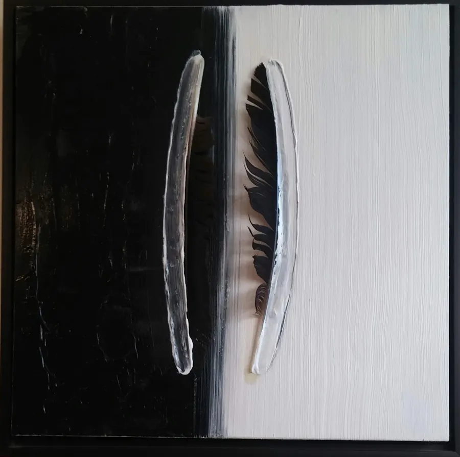 Crow Swish Caw Silence (2013) by HB Barry Strasbourg-Thompson. Acrylic and found Crow feathers on 12 x 12 birch panel framed.