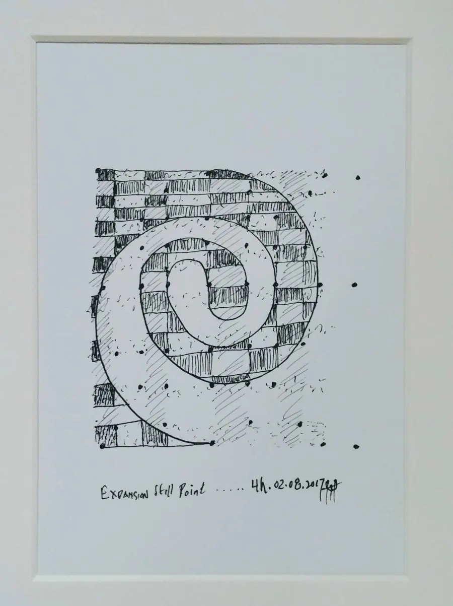 Expansion Still Point (2017) by HB Barry Strasbourg-Thompson. Pigma Ink & Archival Acrylic pen on H/J A/F paper.