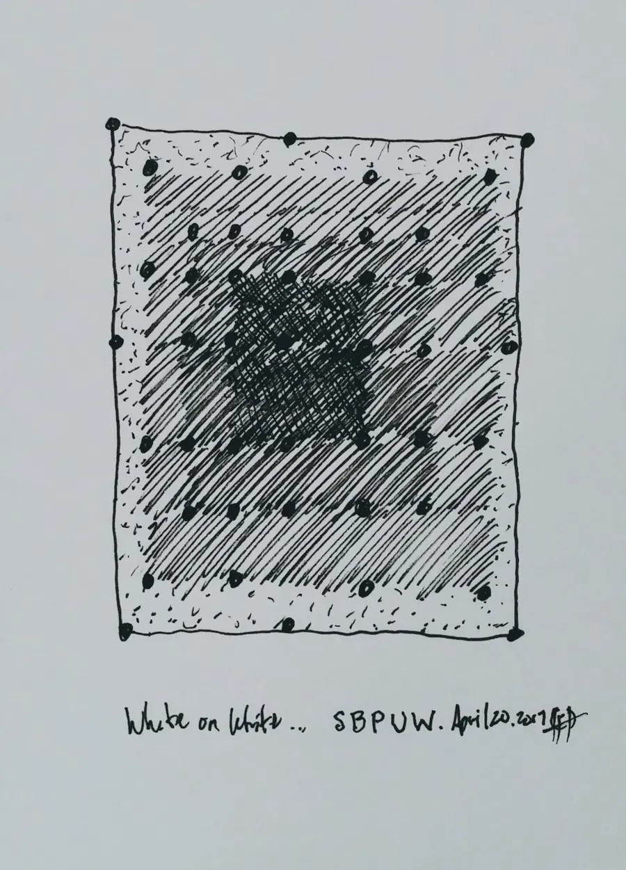 White on White..... SBPUW. (2017) by HB Barry Strasbourg-Thompson. Pigma Ink & Archival Acrylic pen on H/J A/F paper.
