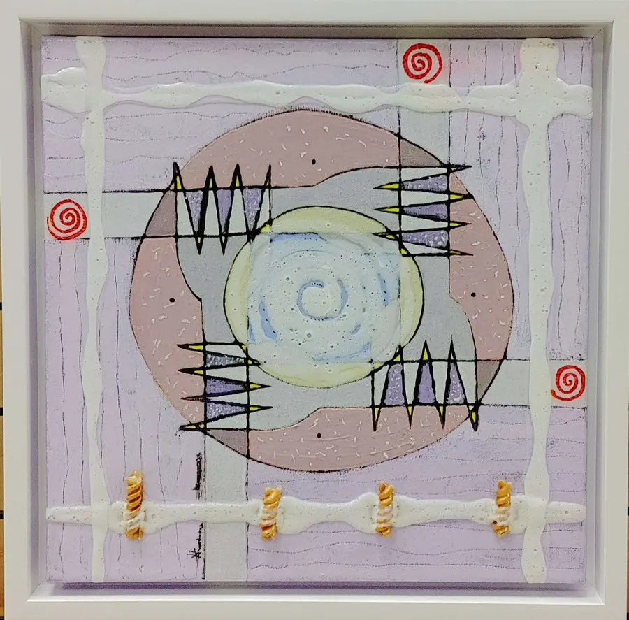 On Eating Mindfully H74191120 (2020) by HB Barry Strasbourg-Thompson. Acrylic & raw Rotini on Canvas.