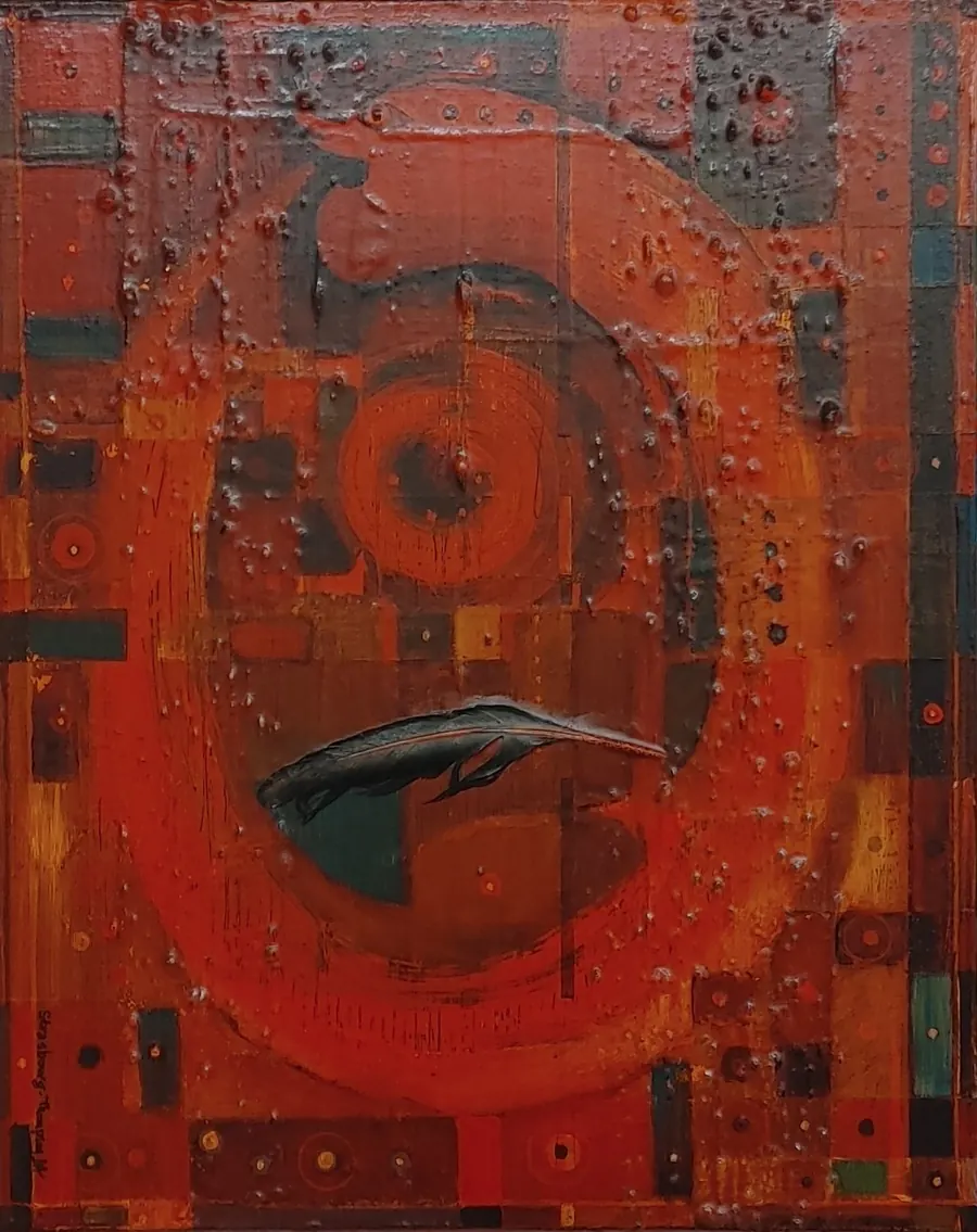 Eternity #1 H74150121 (c. 2021) by HB Barry Strasbourg-Thompson. Acrylic, Ink, Crow Feather & 24K Gold Leaf 0n Canvas.
