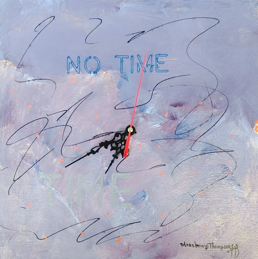 NO TIME H75040921 (2021) by HB Barry Strasbourg-Thompson. Acrylic, marker, metal clockworks, battery on wooden panel.