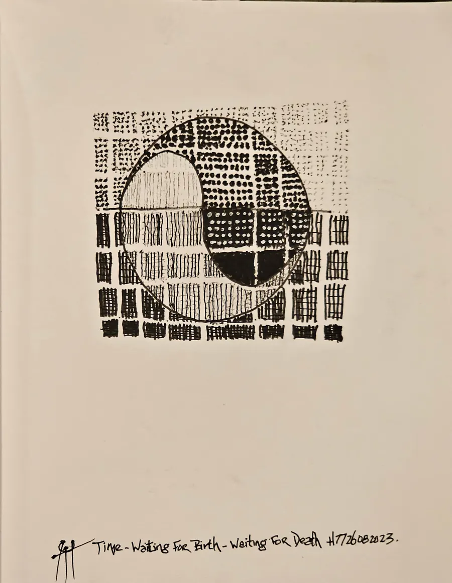 Time - Waiting For Birth - Waiting For Death. H7726082023 (2023) by HB Barry Strasbourg-Thompson. W/N Fineliner black artist pigment pens on 75 lb a/f paper.