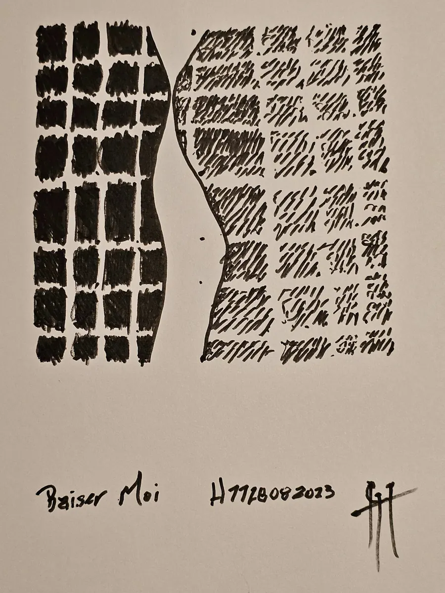 Embrasser Moi H7728082023 (2023) by HB Barry Strasbourg-Thompson. Windsor Newton black pigment Fineliners on 75lb. a/f paper.