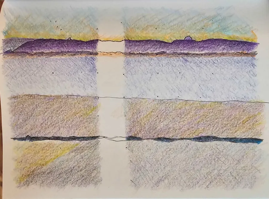 Higher Consciousness H7716092023 Sarasota Beach Sunshine (2023) by HB Barry Strasbourg-Thompson. W/N Fineliner black artist pigment pens, Prismacolor Premium Artist Grade colored pencils, White acrylic on 75lb. A/F paper.