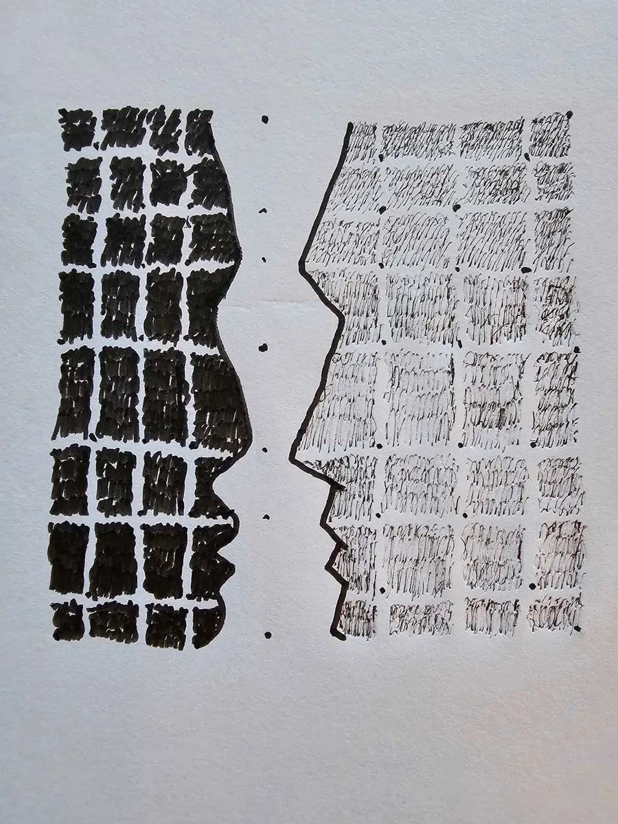 Hello. H7701092023 (2023) by HB Barry Strasbourg-Thompson. Windsor Newton black pigment Fineliners on 75lb. a/f paper.