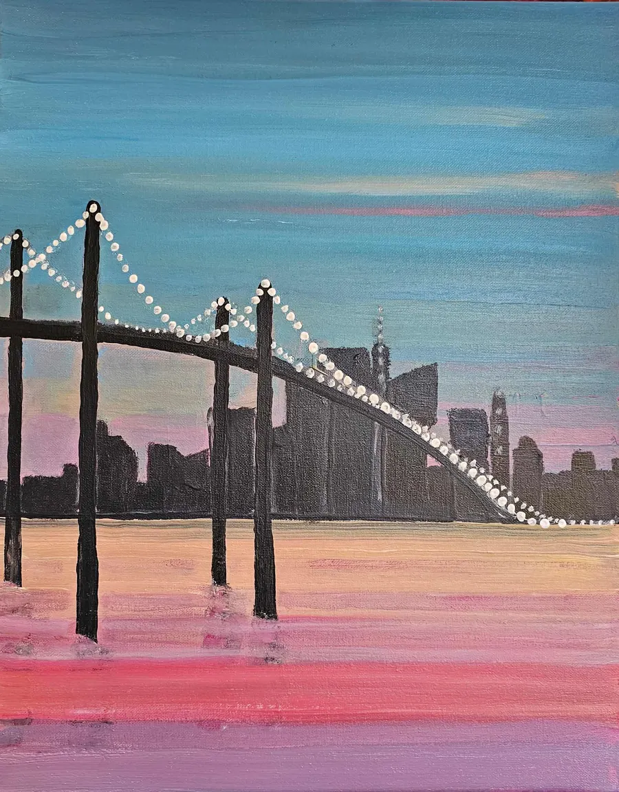 H7703092023 Bridge.. (2023) by HB Barry Strasbourg-Thompson. Acrylic & graphite on 20 x 16 x 1 canvas on 30 x 24 x2 wood panel.