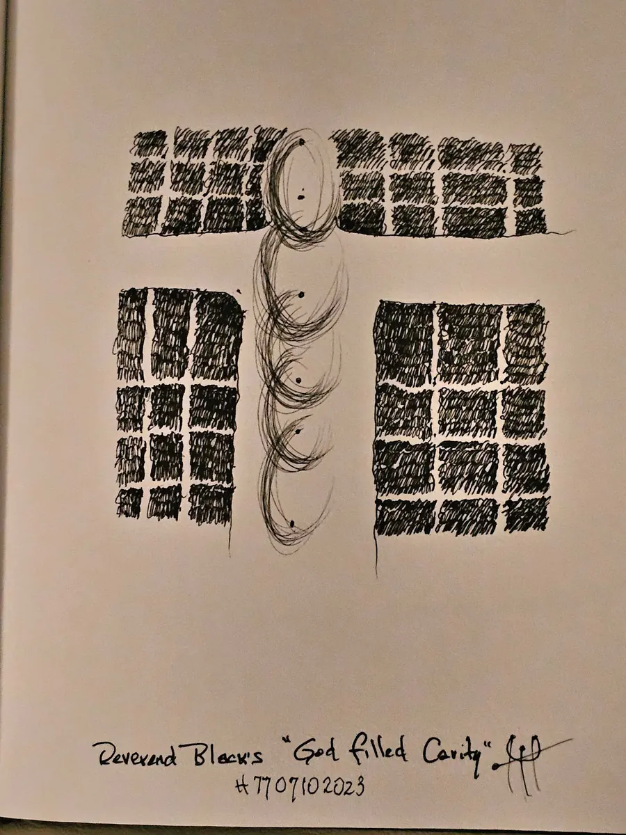 Reverend Black's "God Filled Cavity (2023) by HB Barry Strasbourg-Thompson. Graphite & W/N Fineliner Black pen on 75lb a/f paper.