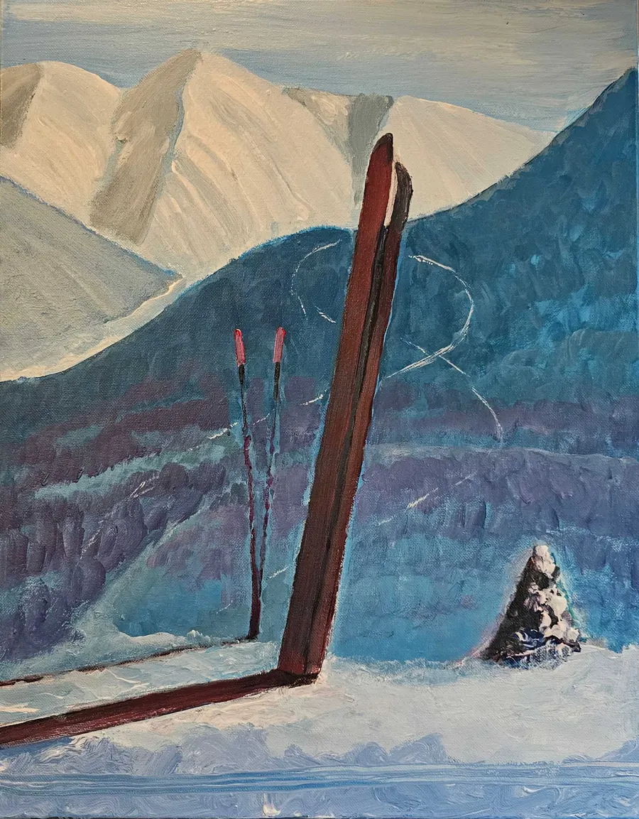 Vintage Ski Day H7711102023 Sample for Paint Night Event (2023) by HB Barry Strasbourg-Thompson. Acrylic on 20" x 16" x 1" canvas.