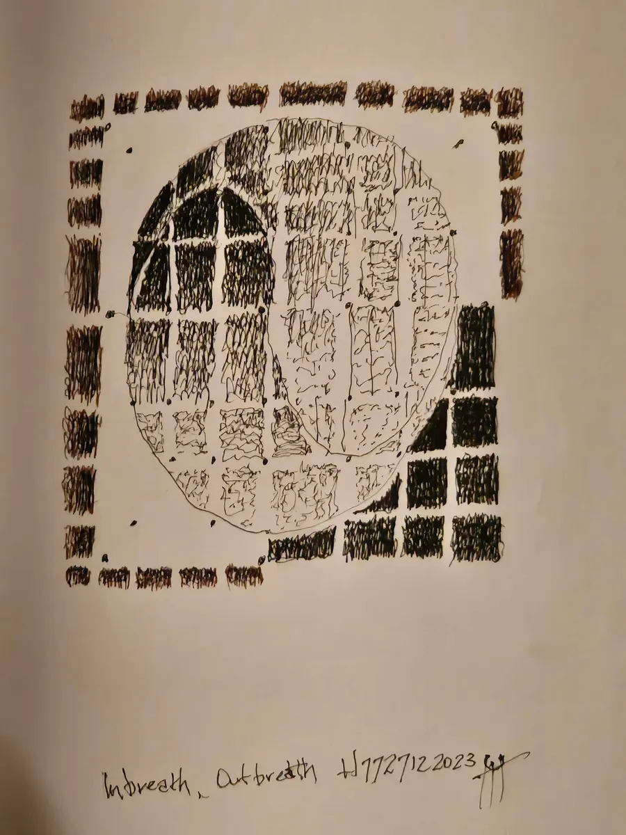 In Breath, Out Breath H7727122023 (2023) by HB Barry Strasbourg-Thompson. W/N Black Fineliner on 75lb Sketchbook paper 11 x 8.5.