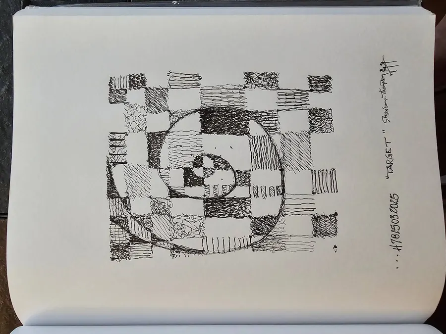 HOMELESS to HOME: H7823032025 (Without Hate, Without Greed, Without Illusion) (2025) by HB Barry Strasbourg-Thompson. W/N Fineliner on 75lb a/f Sketchpaper.