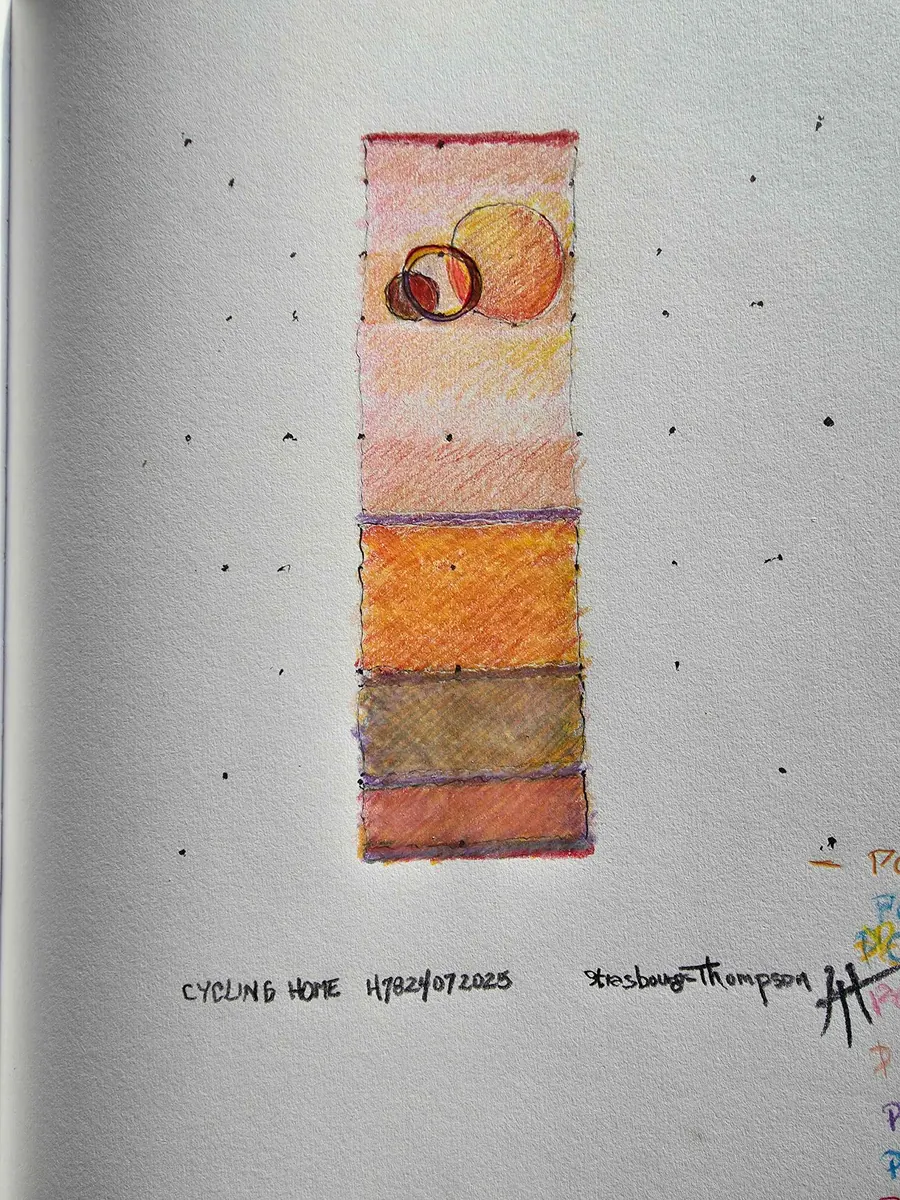 CIRCLING HOME H7824072025 (Sketch for a work in progress) (c. 2025) by HB Barry Strasbourg-Thompson. W/N Black Fineliner pen & Prismacolor pencils on 75 lb. / 110m/gm2 a/f paper.