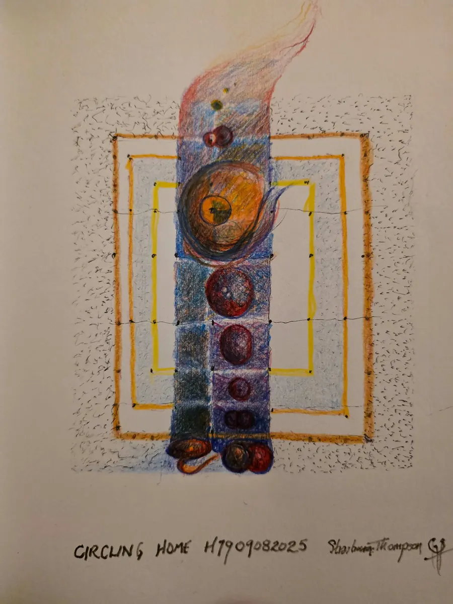 CIRCLING HOME. H7909082025 (c. 2025) by HB Barry Strasbourg-Thompson. W/N Fineliner black pen & Prismacolor Artist colored pencils on a/f 75lb paper 11" x8.5".
