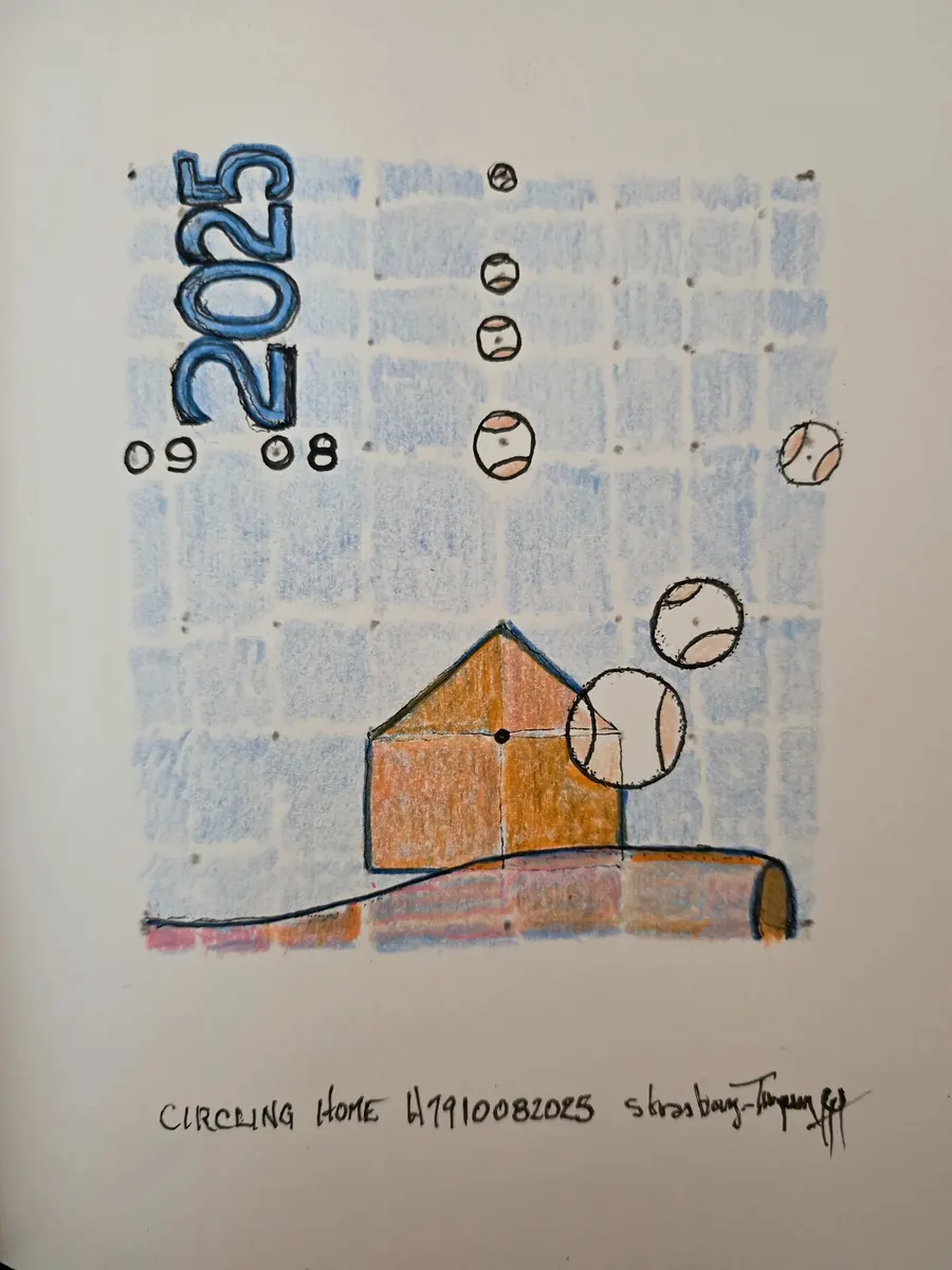 CIRCLING HOME H7910082025 (c. 2025) by HB Barry Strasbourg-Thompson. W/N Fineliner black pen & Prismacolor Artist colored pencils on a/f 75lb paper 11" x8.5".
