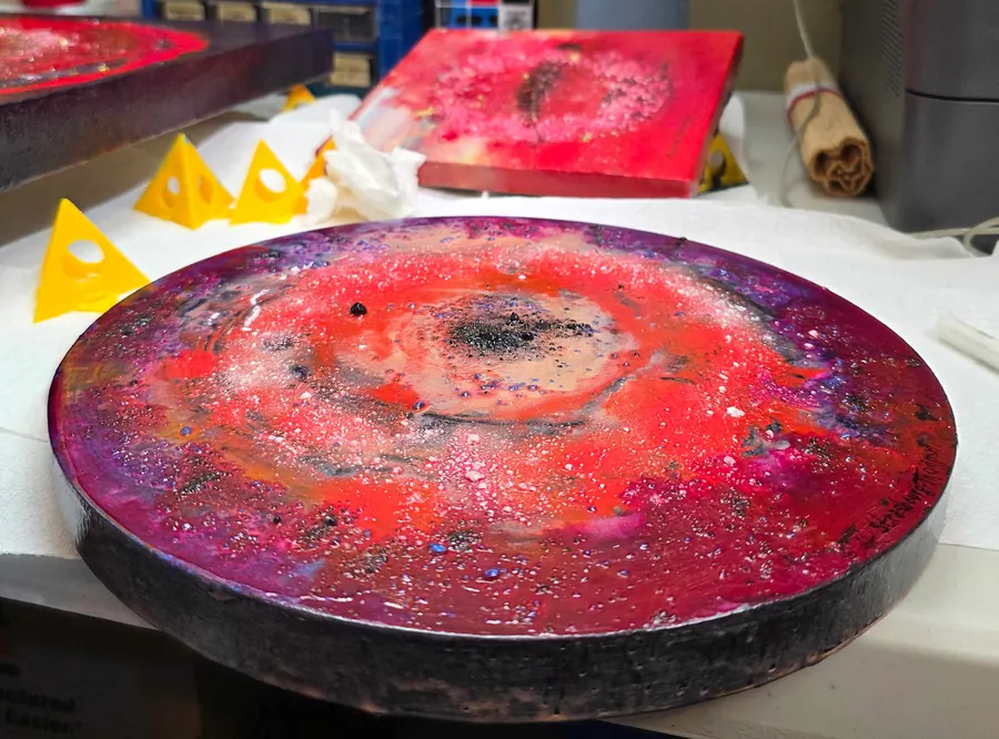 CIRCLING HOME H7923082025 (waiting to be framed) (c. 2025) by HB Barry Strasbourg-Thompson. ACRYLIC ON 12" ROUND PAINTING BOARD.