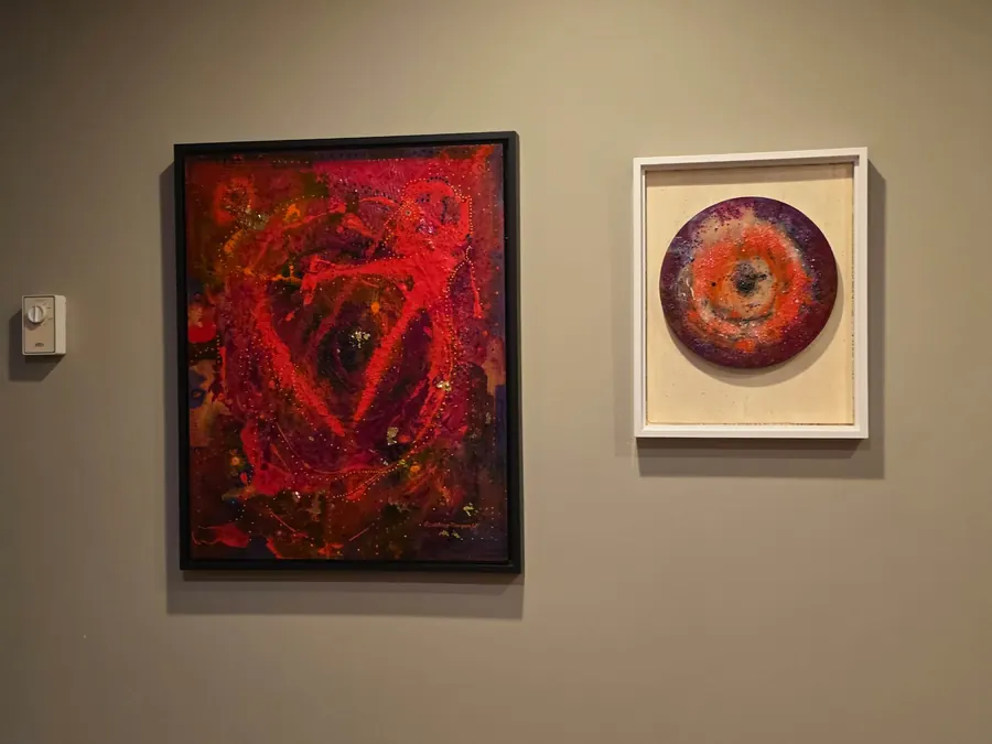 CIRCLING HOME H79230825 (c. 2025) by HB Barry Strasbourg-Thompson. Acrylic, acrylic mediums, artist powdered pigments, 12" round wooden panel.