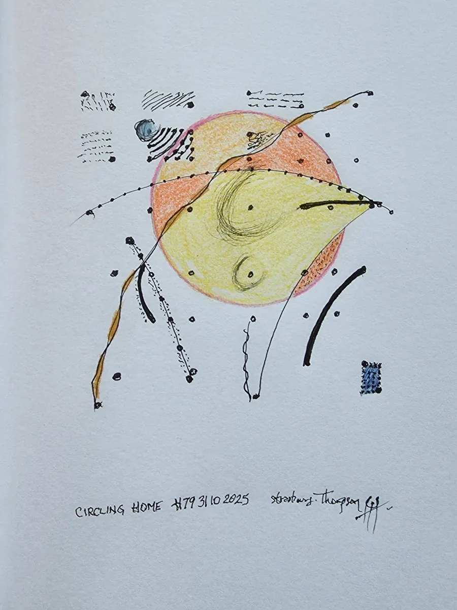 CIRCLING HOME H7931102025 (c. 2025) by HB Barry Strasbourg-Thompson. Prismacolor pencils Graphite & W/N Fineliner Black pen on 75lb a/f paper.