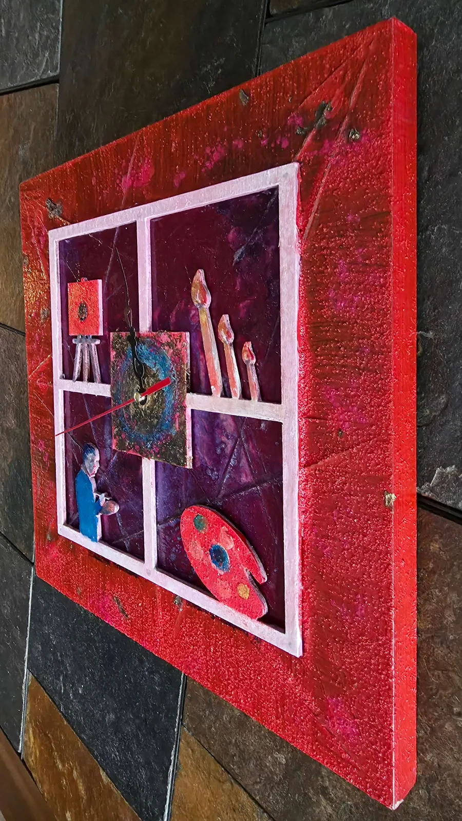 Studio Time H7916112025 (c. 2025) by HB Barry Strasbourg-Thompson. Acrylic. German gold leaf, acrylic mediums, clock works AA battery on 12 x 12 wooden panel.