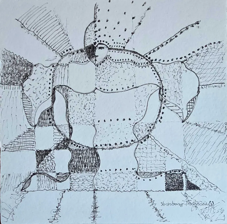 sketch for END GAME H7928112025 (2025) by HB Barry Strasbourg-Thompson. W/N Black Fineliner Artist pens on 300 lb. Ragboard 8x8".