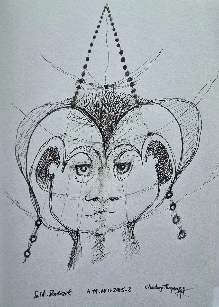 Circling Home Self Portrait. H7928112025.2 (2025) by HB Barry Strasbourg-Thompson. W/N Black Fineliner on 75lb Sketchbook a/f paper 11 x 8.5.