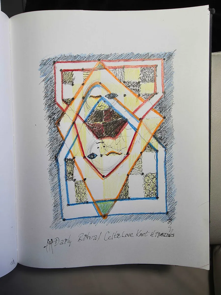 Daily Ritual CELTIC LOVE KNOT H7908122025 (2025) by HB Barry Strasbourg-Thompson. W/N Fineliner black artist pigment pens, Prismacolor Premium Artist Grade colored pencils, White acrylic on 75lb. A/F paper.