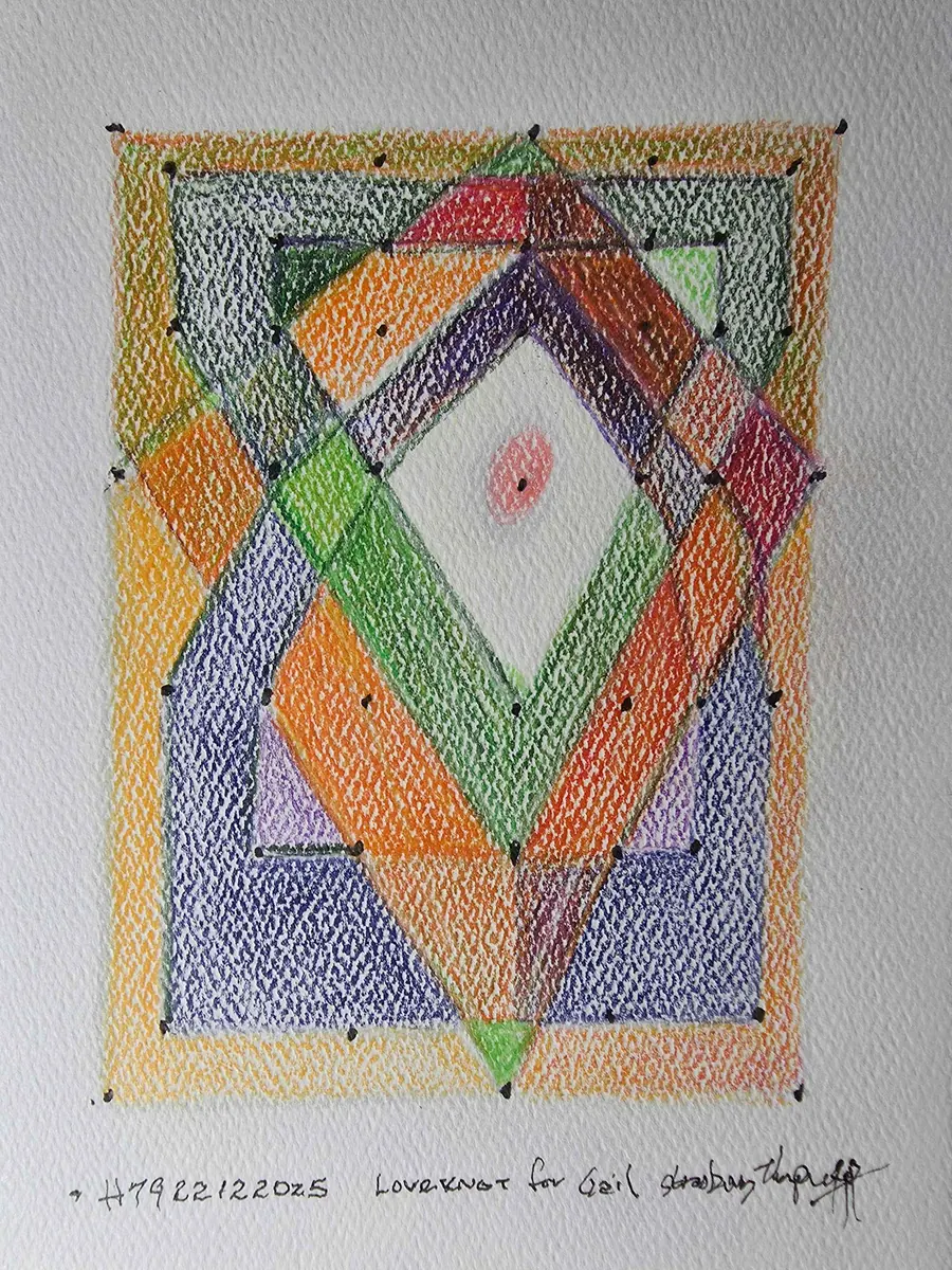 LoveKnot for Gail H7922122025 (2025) by HB Barry Strasbourg-Thompson. Faber Castell polychrome oil based pencils & W/N black Fineliner pens on 7" x 10" Strathmore a/f cardstock folded to 7" x 5" and framed to 10" x 8" x 1".