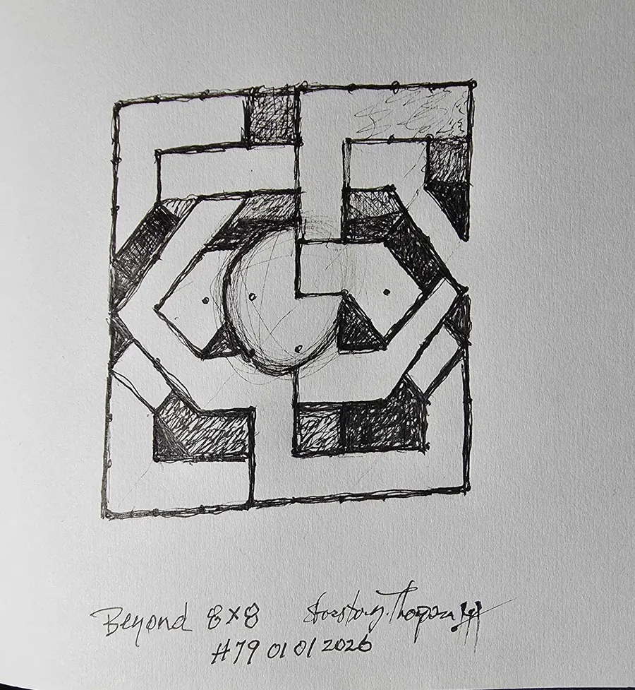 BEYOND 8 X 8 H7901012026 (2026) by HB Barry Strasbourg-Thompson. W/N Black Fineliner on 75lb Sketchbook a/f paper 11 x 8.5.