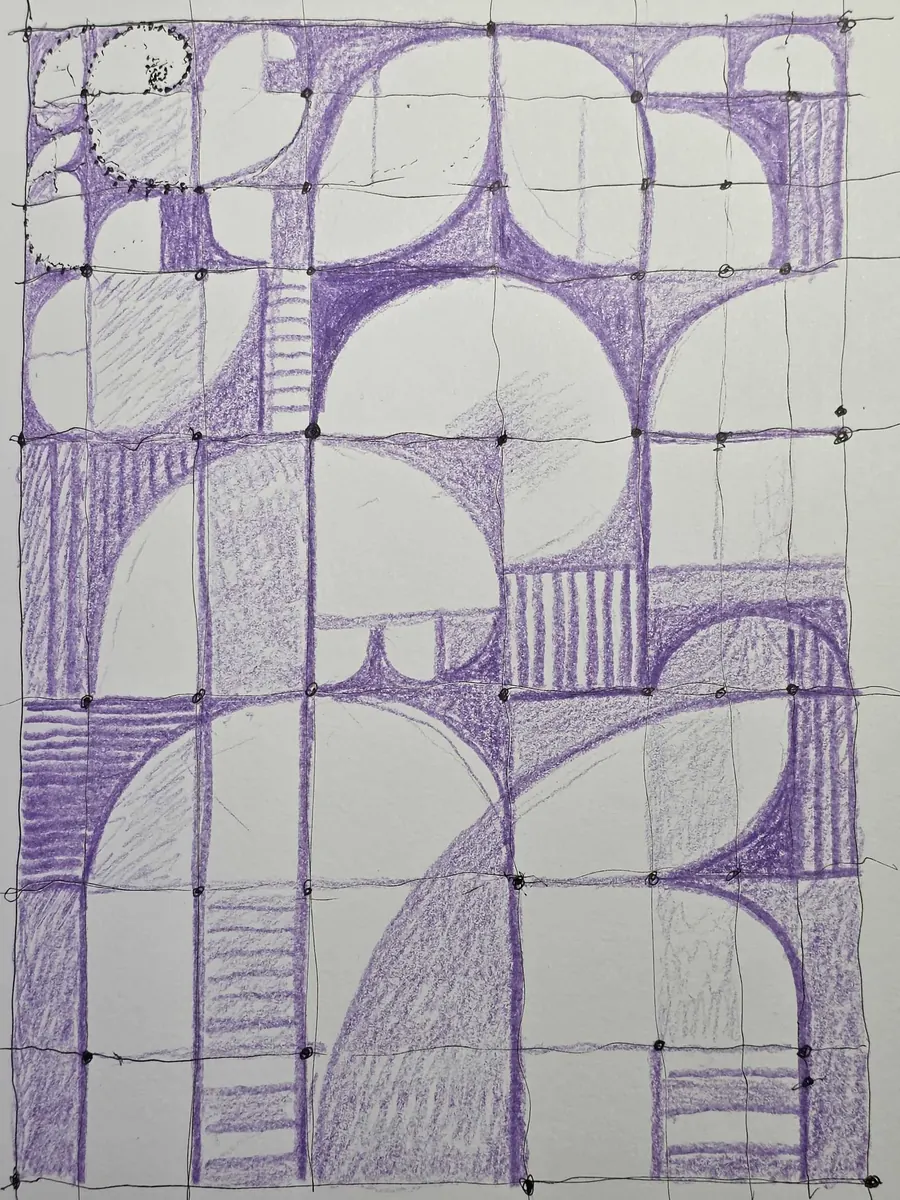 Home H7912012026 (wip) (c. 2026) by HB Barry Strasbourg-Thompson. W/N Fineliner black pen & Prismacolor Artist colored pencils on a/f 75lb paper 11" x8.5".