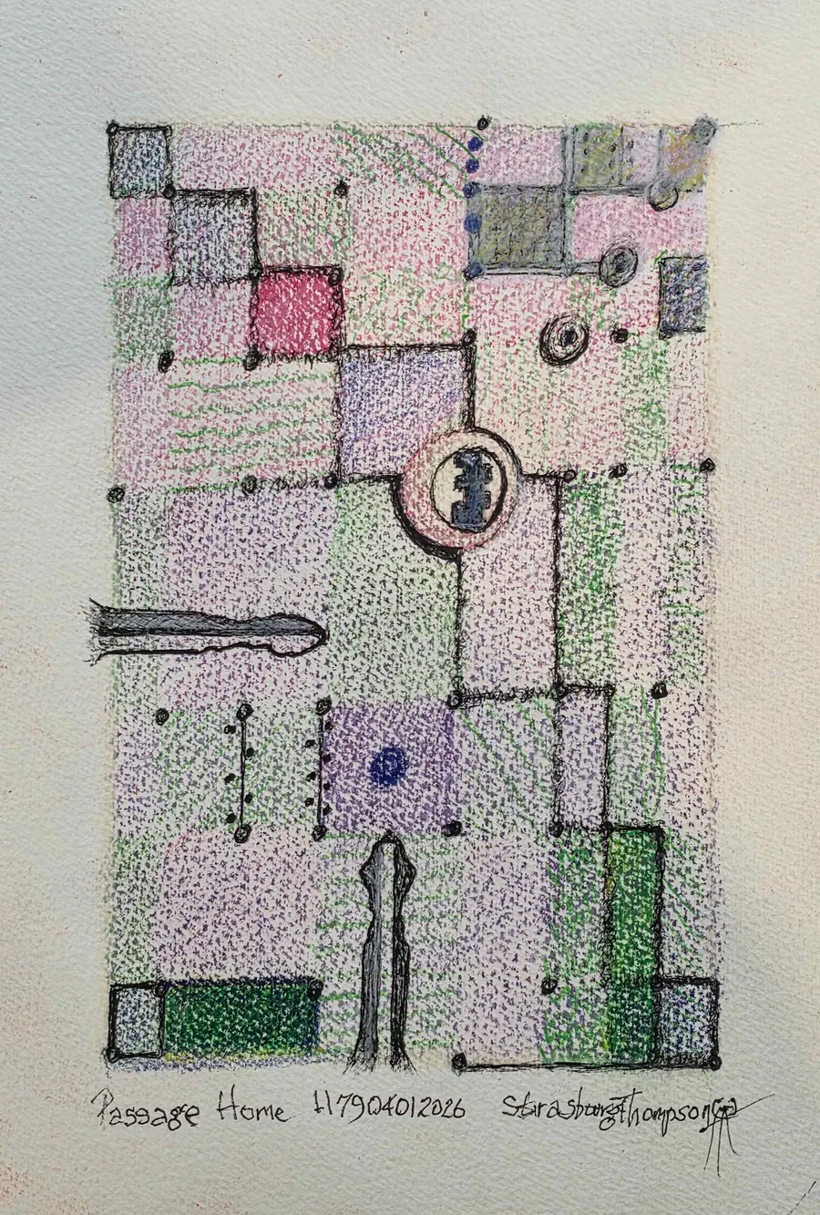 Passage Home. H7904012026 (2026) by HB Barry Strasbourg-Thompson. Faber Castell polychrome oil based pencils & W/N black Fineliner pens on 10" x 7" Aquarelle Arches 140lb 100% Cotton Roughx 1".