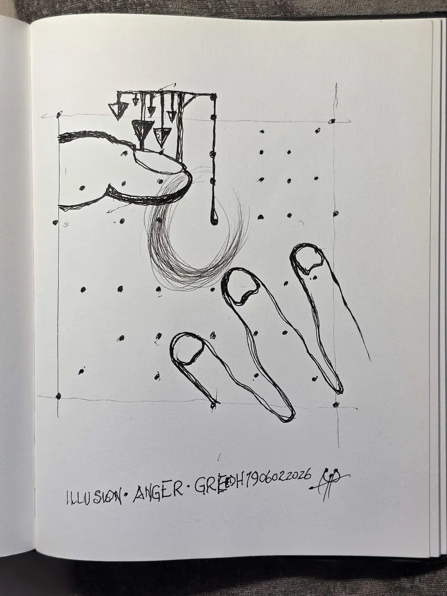 ANGER, GREED & ILLUSION (BUT THE GREATEST OF THESE IS ILLUSION). H7906022026 (2026) by HB Barry Strasbourg-Thompson. W/N Black Fineliner on 75lb Sketchbook a/f paper 11 x 8.5.