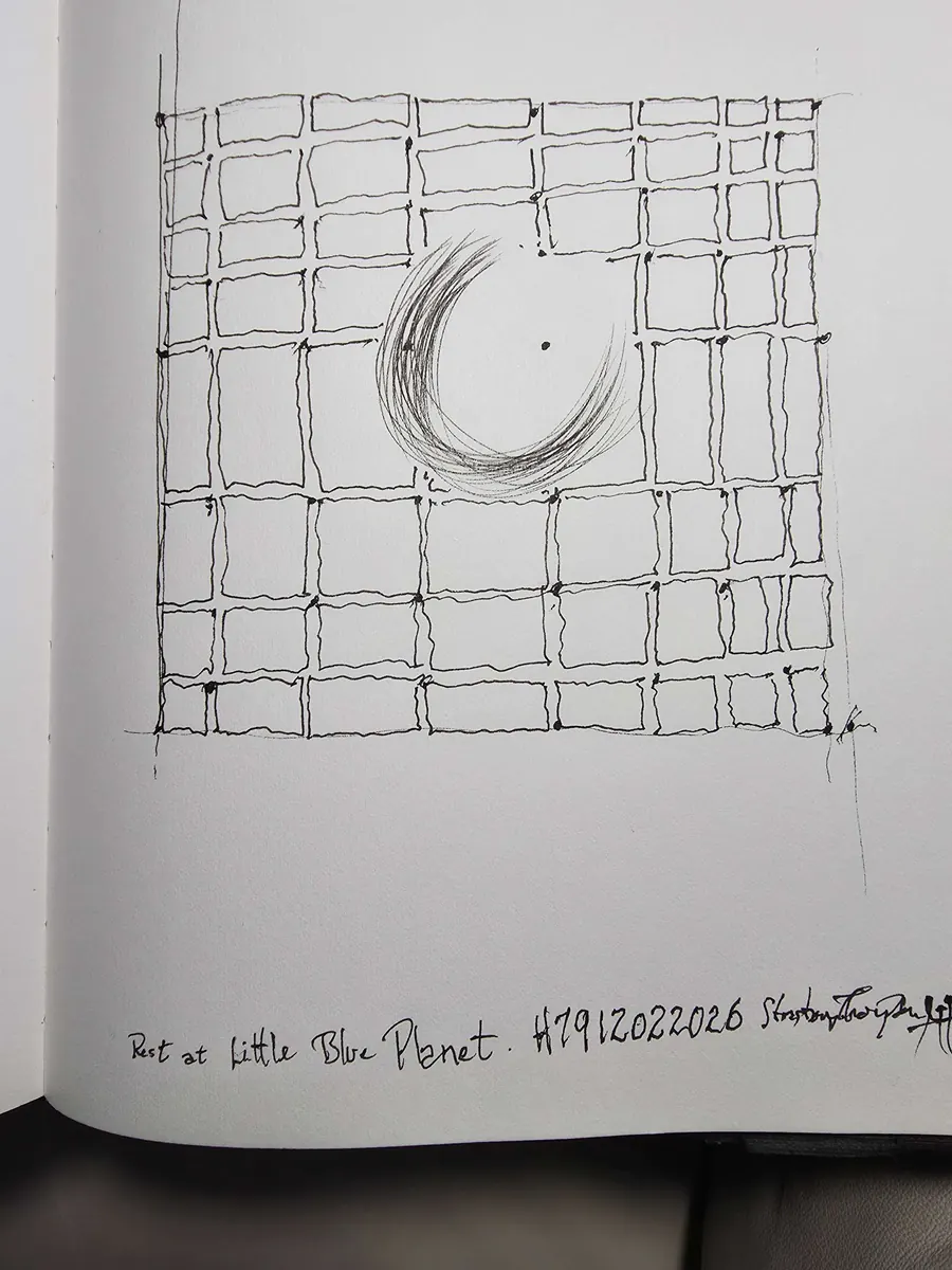 REST AT LITTLE BLUE PLANET. H7912022026 (2026) by HB Barry Strasbourg-Thompson. W/N Black Fineliner on 75lb Sketchbook a/f paper 11 x 8.5.