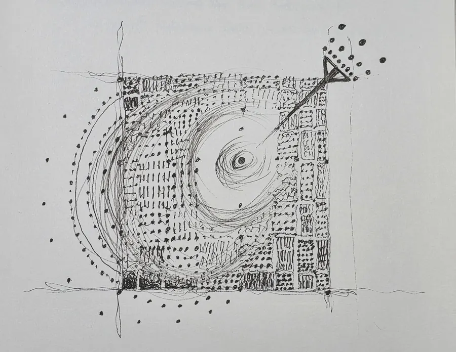 DAIMONION. H7922022026.1 (2026) by HB Barry Strasbourg-Thompson. W/N Fineliner black pen on a/ f 75lb. Sketch paper11" x 8.5 " x .01.