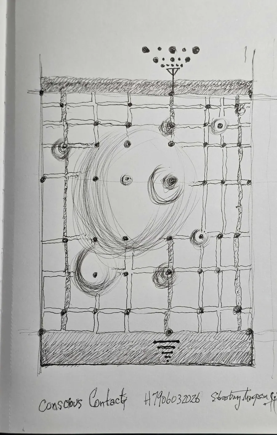 Conscious Contact H7906032026 (2026) by HB Barry Strasbourg-Thompson. W/N Fineliner black artist pigment pens on 75 lb a/f paper.