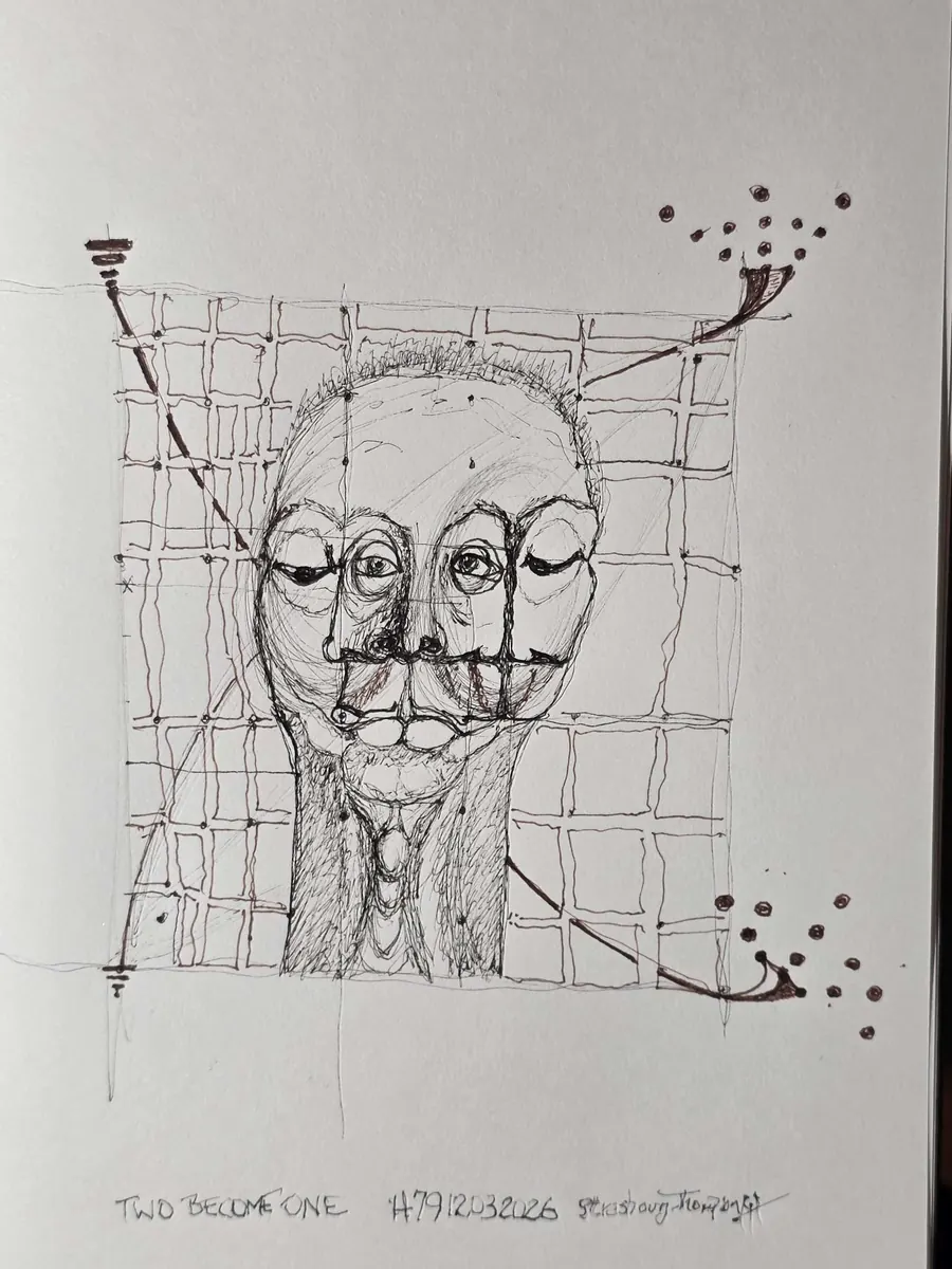 Two Becomes One. H7912032026 (2026) by HB Barry Strasbourg-Thompson. W/N Black Fineliner on 75lb Sketchbook a/f paper 11 x 8.5.