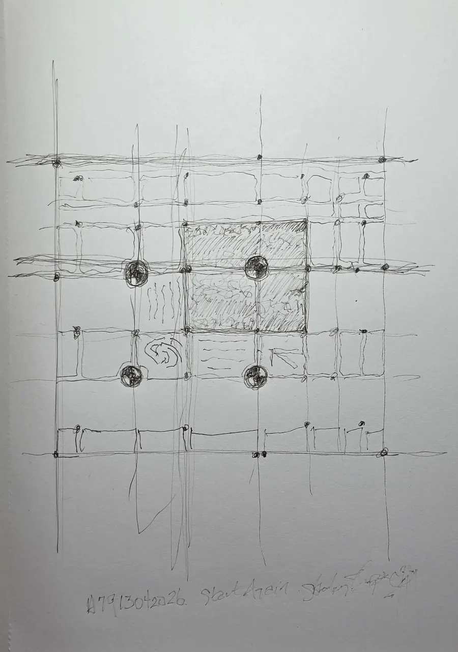 Begin Again. H7913042026 (c. 2026) by HB Barry Strasbourg-Thompson. Black W/N Fineliner on 75lb. A/F sketch paper.