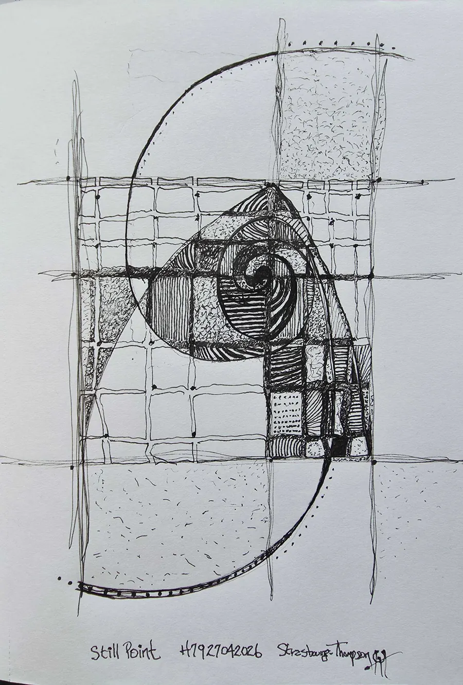 STILL POINT H7927042026 (2026) by HB Barry Strasbourg-Thompson. W/N black Fineliner on 75lb. A/f sketchbook paper 11" x 8.5".