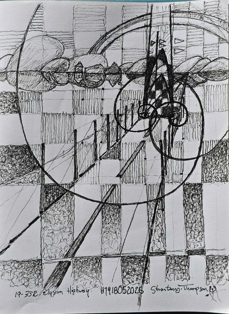 ELYSIUM HIGHWAY RAINBOW H7918052026 (2026) by HB Barry Strasbourg-Thompson. W/N Black Fineliner pen on 75lb. A/F sketch paper.