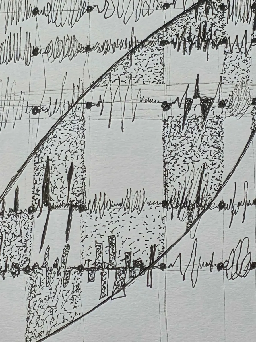 THIS MOMENT THEN THIS MOMENT THEN THIS MOMENT THEN THIS MOMENT... H7922062026 (2026) by HB Barry Strasbourg-Thompson. W/N Black archival FINELINER pens on 11" x 8.5" A/ F Sketchbookpaper.